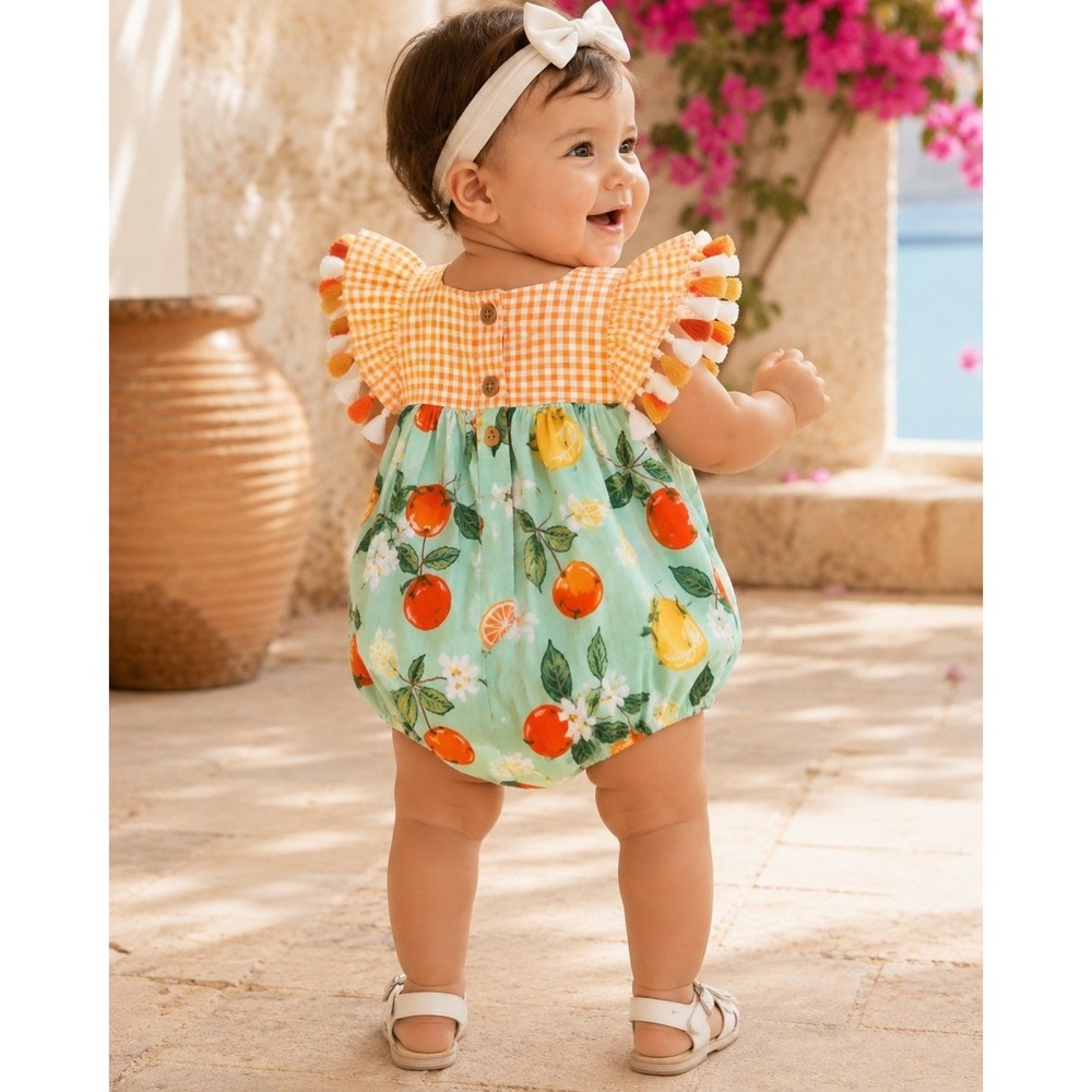 Mud Pie Baby Girl Citrus Tassel Bubble Romper 3-6M Cotton Orange Gingham